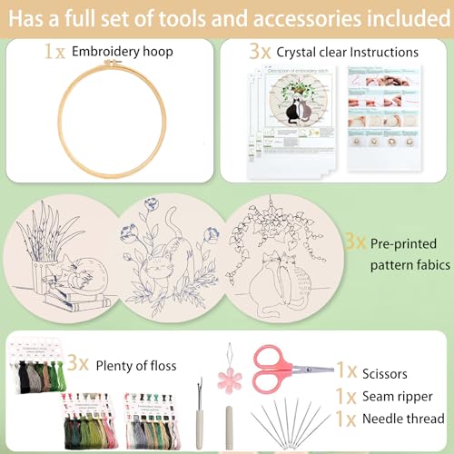 Image of Ohcol 3 Sets Cat Embroidery Kit,Needlepoint Kits for Adults Beginner,Needle Point Sets with Washable Pre-Printed Pattern,1 Hoop,Women Hand Crafts