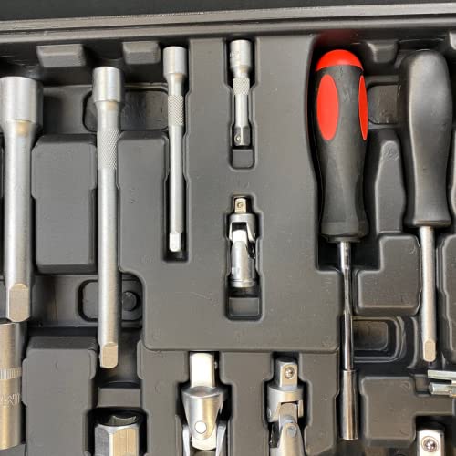 Estuche de herramientas completo de 226 piezas, incluye carracas, llaves de vaso, puntas imantadas tipo torx, allen, planas y phillips. Incluye Articulaciones universales y maletín de ordenación.
