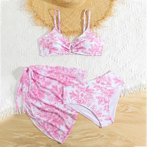 Girls 3 Piece Swimsuit Tropical Bikini Set Floral Print Swimwear with Cover Up Beach Skirt Kids Cute Ruched Bathing Suit2