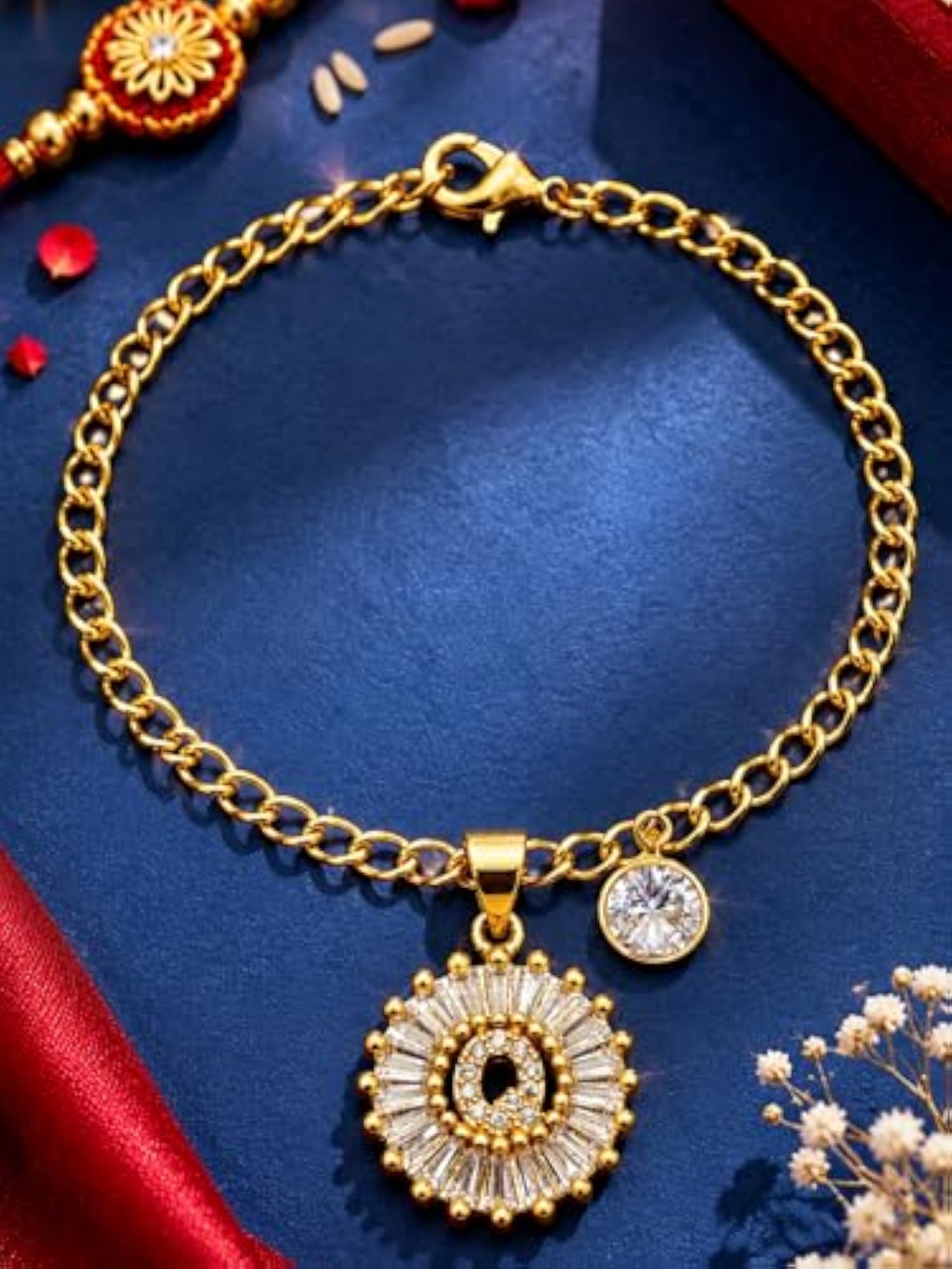 Q Alphabet Crystal Charm Gold-Plated Rakhi Bracelet