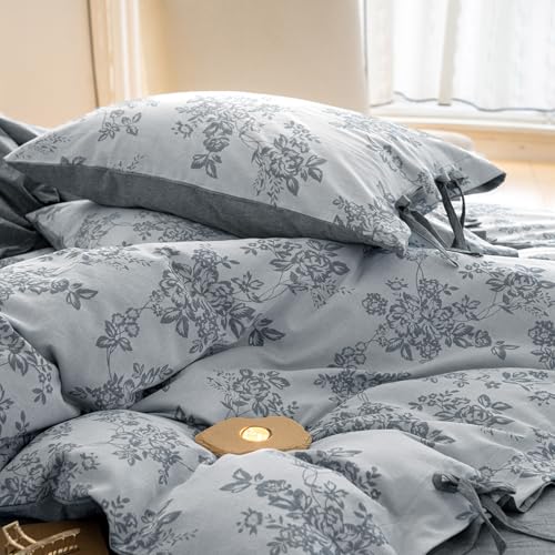 VM VOUGEMARKET Linen Duvet Cover Queen Monet Style Floral Duvet Cover Set,Jacquard Textured Comforter Cover 90"x90" with 2 Pillowcases,Navy Blue