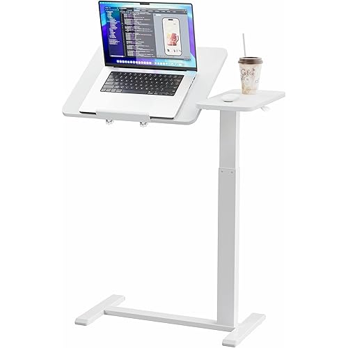 Ywin Medical Adjustable Tilt Overbed Bedside Table with Wheels, Swivel Portable Tray Table(27.6" W x 15.8" D), Small Standing Desk for Bedroom, Hospital, Couch, Office Use,White