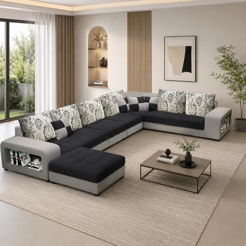 Image of Allister 12 Seater Sofa Set for Living Room (Black-Grey) | Interchangeable U Shape Sectional Sofa | Solid Wood Frame & High-Density Supersoft Foam | Includes Puffy & Stool | Modern Home Furniture