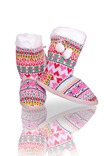 ICONOFLASH Women's Sweater Knit Bootie Slipper with Faux Fur Trim (Pink Fair Isle, Medium/Large, 8-10 US)