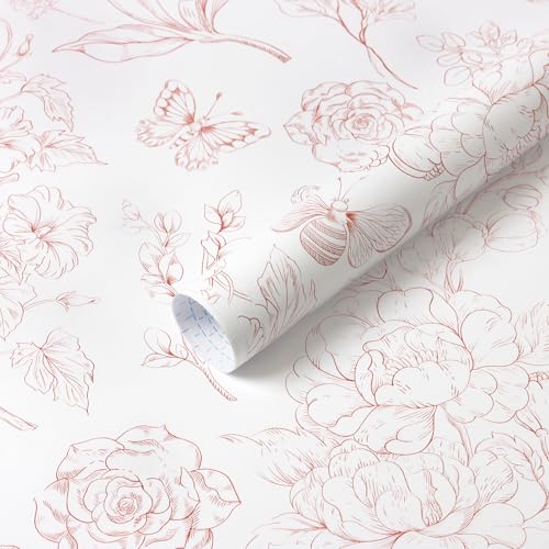 CiCiwind Floral Peel and Stick Wallpaper Pink and White Contact Paper Boho Wall Paper Modern Removable Self Adhesive Butterfly Wallpaper for Bedroom Bathroom Cabinets 17.3'×78.7'