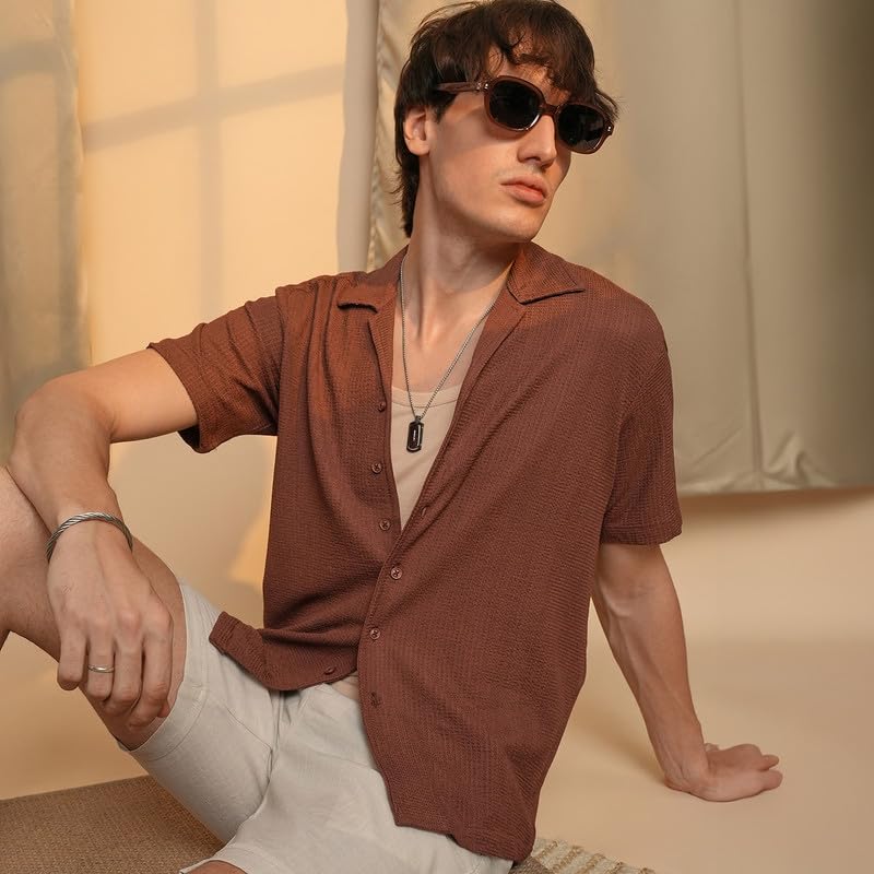 Campus Sutra Men's Polycotton Harlequin-Textu Knit Regular Fit Shirt | Casual Wear | Polo Neck | Short Sleeve | Button Closure | Shirt Crafted With Comfort Fit For Everyday Wear