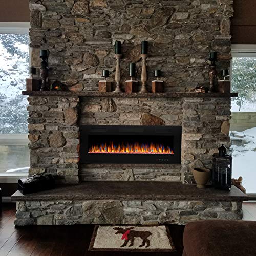 Joy Pebble 50 Inch Electric Fireplace Inserts, In-Wall Recessed And Wall Mounted 750/1500W Fireplace Heater, Touch Screen, Remote Control With Timer, Adjustable Flame Color And Speed #TOP6