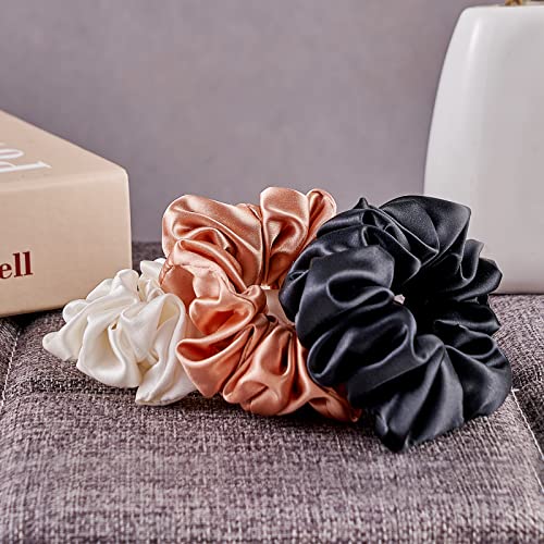 EGHOME Mulberry Silk Scrunchies Hair Ties, 3 Pieces, 22 Momme Pure Mulberry Silk With Elastic Band, Large Silk Scrunchies For Women and Girls' Hair (Black White Rose Gold)