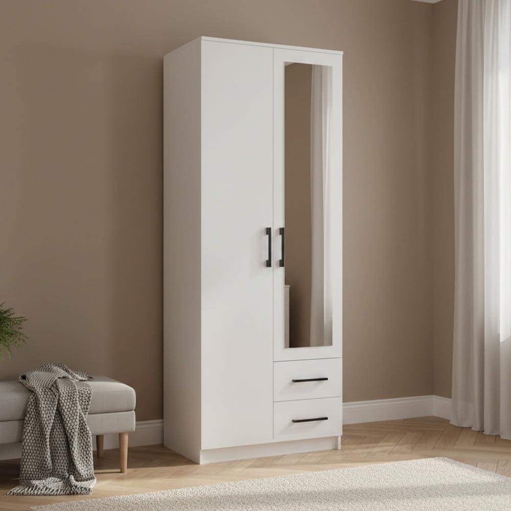 Armadio Salvaspazio 80x205 cm, 2 Ante con Specchio a Destra e 2 Cassetti, Guardaroba Moderno con Appendiabiti e 4 Ripiani, Mobile Camera da Letto e Ufficio, Design Minimal, Bianco Opaco AT16