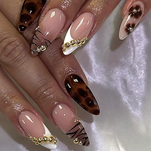 Fall Press on Nails Medium Almond Tortoiseshell Fake Nails with French...