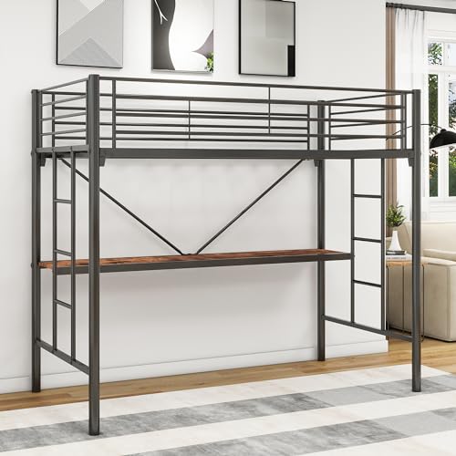 HOMERECOMMEND Loft Bed Twin Size with Stairs, Metal Loft Bunk Bed with Safety Guard Rails & Flat Ladder Rung for Kids Teens Student Dormitory, Black