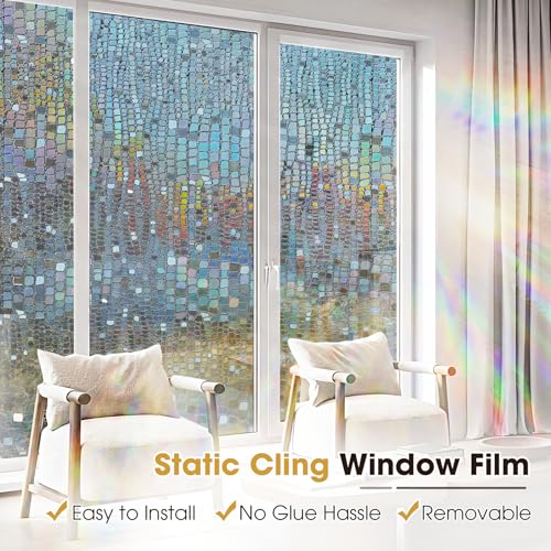 Image of Windimiley Rainbow Window Privacy Film, 3D Stained Glass Christmas Decorative Window Clings, UV Heat Blocking Holographic Prism Stickers for Home (35.4 x 157.5In,Brown)