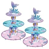 BACUTHY 2 Pack Mermaid Cupcake Stand Birthday Party Decorations, Under The Sea Supplies Favors with Mermaid Tail Toppers for Little Girl, Baby Shower