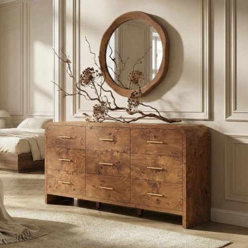 Image of Curved 9-Drawer Dresser for Bedroom, 63 inch Wide Modern Chest of Drawers, Vanity Desk TV Stand for Living Room, Closet Storage Drawers Organizer Furniture, Nursery, Hallway, Dark Burl