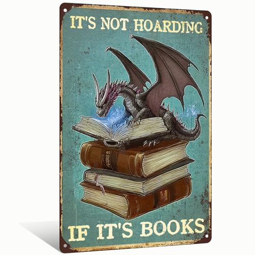 It's Not Hoarding If It's Books Dragon Gifts Vintage Dragon Tin Sign for Home Cafe Bedroom Library Bookshelf Wall Decor 8x12 Inch (2578)
