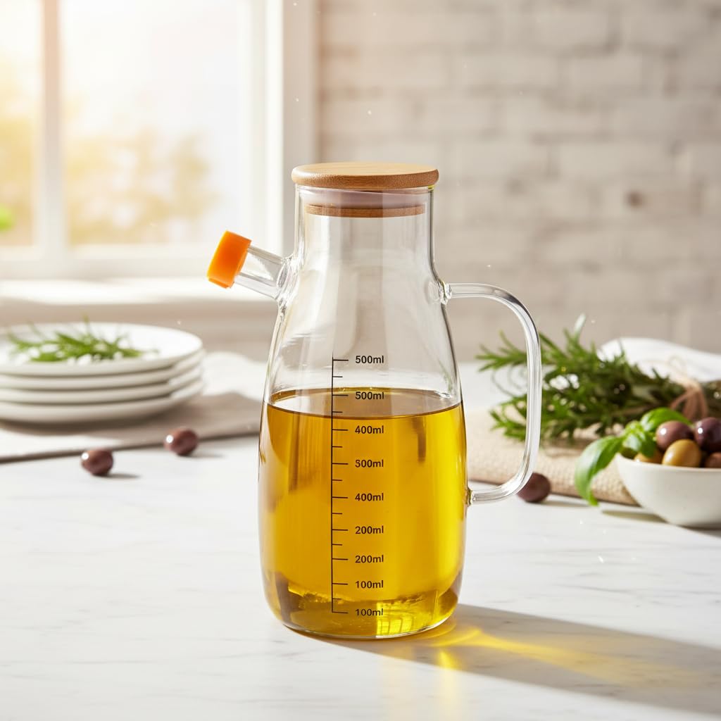 Deconox Borosilikat Cam Yağlık - Bambu Kapaklı ve Ölçü Çizgili Sirkelik | Damlatmaz Ağızlı, Isıya Dayanıklı, Kurşunsuz Yağdanlık (1000 ml)