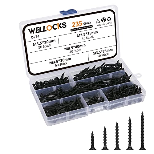 WELLOCKS Surtido de 235 tornillos negros M3.5 x 20/25/30/35/40 mm, Tornillo autorroscante para madera avellanado para muebles de interior y exterior (D274)