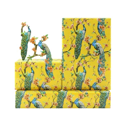 Papier cadeau paon lot de 4 feuilles pour Noël, mariages et fêtes