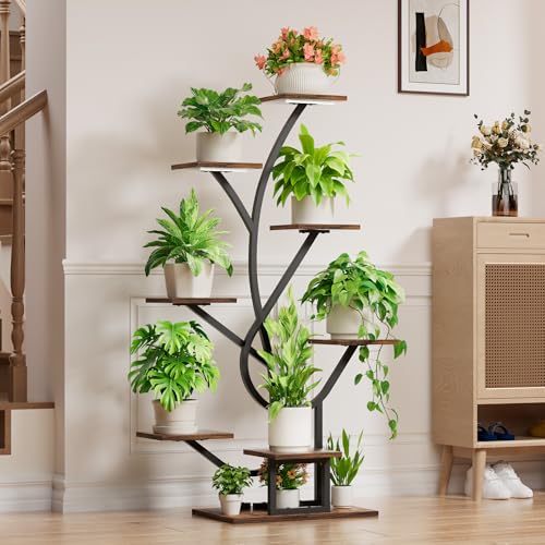 Image of Plant Stand Indoor with Grow Lights - 8 Tiered Corner Flower Shelf Indoor | 50 inch Tall Lighted Plant Stand for Indoor Multiple Plants, Flower Stands Display Rack Holder for House, Patio, Black
