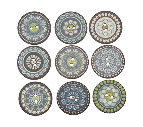 ALLinONE Mixed Styles Blue Vintage Pattern Wood Button 2 Holes Sewing for DIY Craft