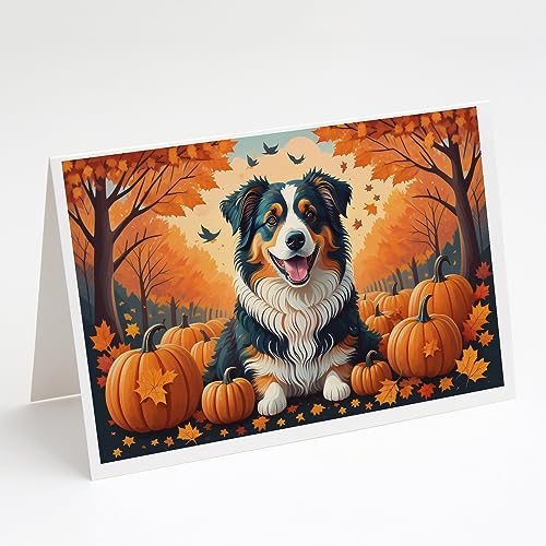 Caroline's Treasures DAC1009GCA7P Australian Shepherd Terrier Fall Greeting Cards and Envelopes Pack of 8 Blank Cards with Envelopes Whimsical A7 Size 5x7 Blank Greeting Cards