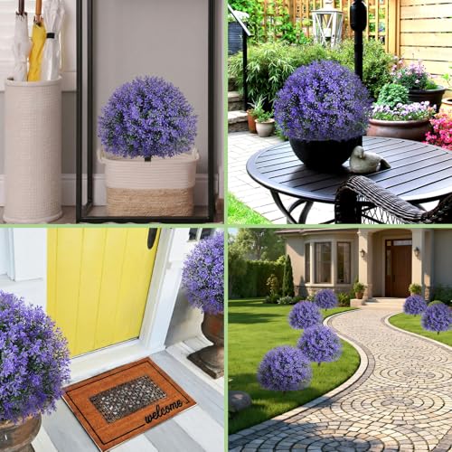 Yunlly 2 Pack Artificial Topiary Ball Trees, 20\'\' Faux Bushes for Front Porch Decor, UV Resistant Fake Evergreen Shrubs Plants with Ground Spike, Fake Plants for Outdoor Indoor Garden (Light Purple)