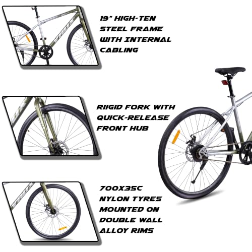Image of Vaux City-Pro Hybrid Cycle for Men, 19 Inch HI-Ten Steel Frame, Dual Disc Brake, 700x35C Tyres, Double-Wall Alloy Rims, City Bike(Silver-Green, Single Speed, Rigid Fork)