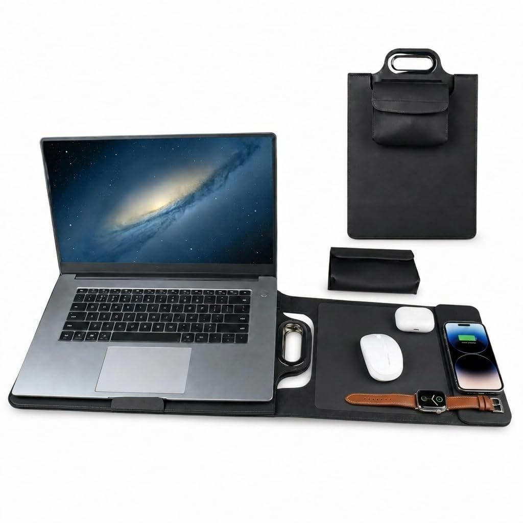 Borsa Portafoglio Pc Con Ricarica Wireless 15W Custodia Per Computer | Custodia Supporto E Tappetino Mouse Per Notebook 15,6 16 Pollici, Stazione Per Smart Working, Per Uffici Studi Viaggi
