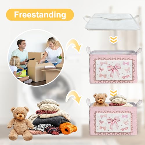Image of Pink Bow Foldable Storage Box, Waterproof Toy and Clothes Storage Box for Nursery Room, Pink Cute Bow Decorative Fabric Basket for Boys Girls Bedroom, Storage Basket Gifts for Bow Party Decoration