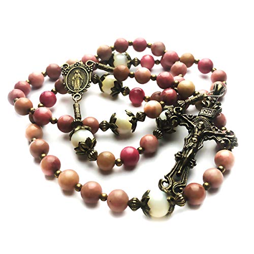 Pink Rhodonite and Mother of Pearl Stone Rosary with Miraculous Medal
