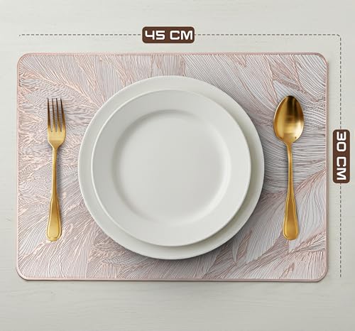 Image of Yellow Weaves 1 Pc PVC Table Placemats, Dining Table Mat, Stain Resistant, Anti-Skid, Waterproof, Washable, Dining, Kitchen, Restaurant Table Set Easy to Clean, Durable (Feather Rose Gold)