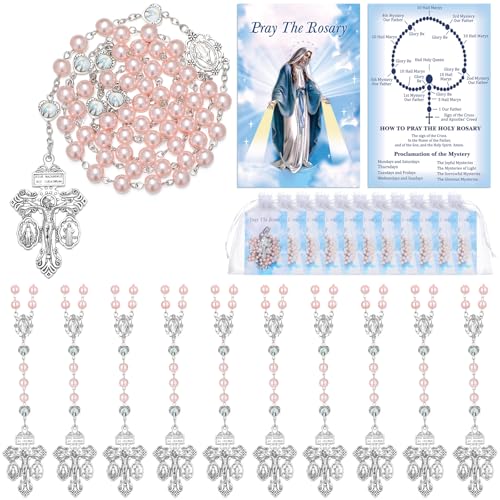 12 Set Rosary Catholic Gifts for Women 8 mm Pink Rosary Necklace Artificial Pearls with Pardon Crucifix Necklace Pray Card for Women Men First Communion Christian Confirmation Gifts