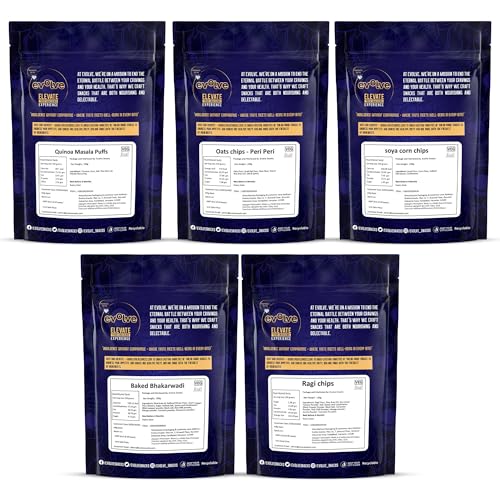 Image of Evolve Chips Combo - Healthy Snacks for Kids, Adults | Baked Bhakarwadi, Ragi & Oats Chips, Quinoa Chips, Soya Corn | Fresh, Roasted, No Artificial Colors - 100g Pack of 5