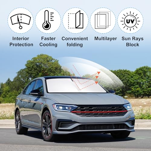 Image of Windshield Sun Shade Custom Fit for 2019 2020 2021 2022 2023 2024 2025 2026 Volkswagen VW Jetta Accessories Foldable Sunshade Sun Blocker Protect Car from Sun Rays & Heat Damage Keep Car Cooler