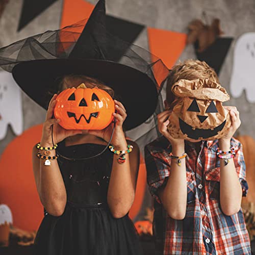Spiritlele 12 Pieces Halloween Bracelet Pumpkin Ghost Bat Cat Charm Bracelets Costume Beaded Strand Stretch Bracelets Wristband Set3