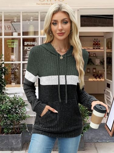 MixShe Women’s Color Block Knit Hoodie – Casual Long Sleeve Pullover Sweater Tops with Pocket