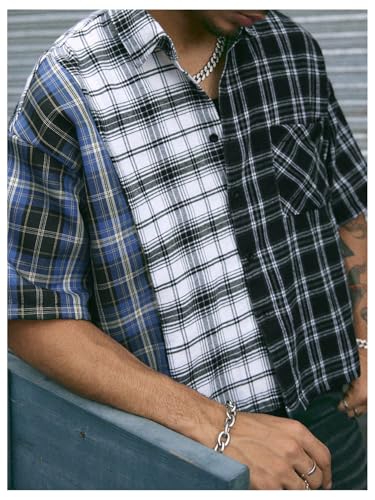Men's Plaid Oversized Tshirts Color Block Half Sleeve Button Down Tee Shirt Streetwear2