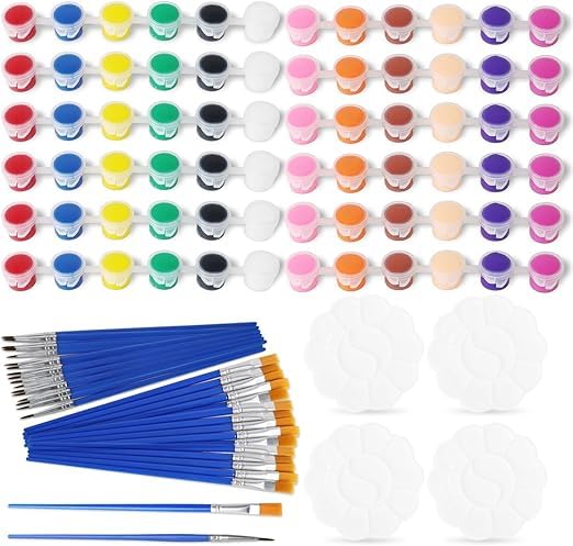 Lucywey Juego de 48 mini pinturas acrílicas para niños, con 30 pinceles y 4, colores escolares, macetas de tempera, pequeñas para cursos, actividades familiares