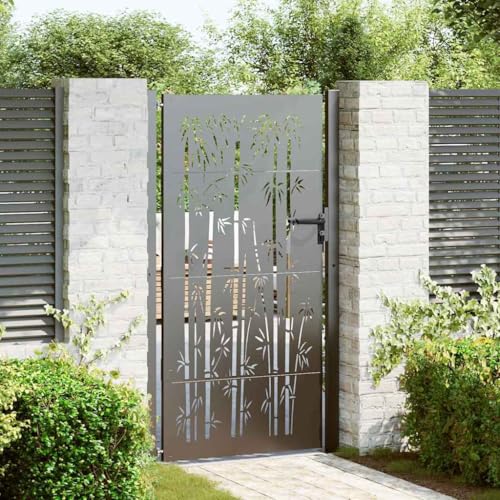 QUAHEAS Puerta de jardín negra de acero con recubrimiento en polvo, 110 x 205 cm, con cierre de cerrojo, resistente a la intemperie, resistente a la corrosión, elegante diseño de corte láser para