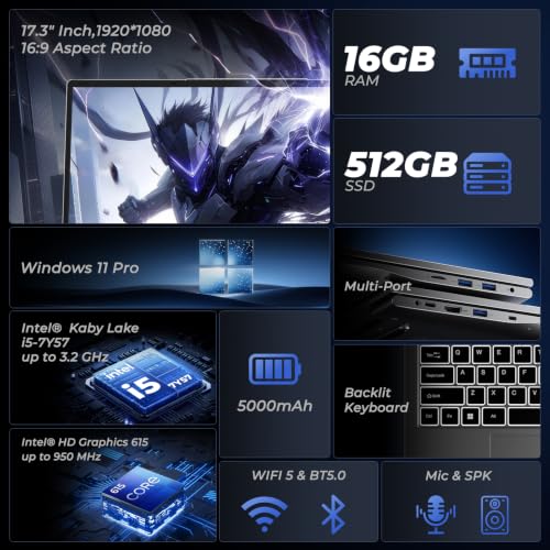 Image of NIAKUN 17.3 inch Gaming Laptop Computer, 16GB RAM 512GB SSD, Core i5-7Y57 | Processor(up to 3.2GHz), Windows 11 Pro, Office 365, for Business and Students, Backlit Keyboard