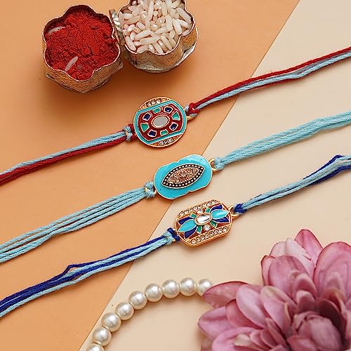 Image of eCraftIndia White Red Golden Set of 3 Pearl Rakhi for Brother with Roli Chawal Pack