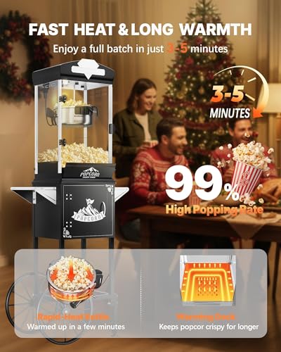 Image of 10 oz Popcorn Machine Cart, Popcorn Maker Machine with Wheel&Stainless-Steel Kettle Makes Up to 40 Cups, Vintage Movie Theater Style Pop Corn Machine, Black