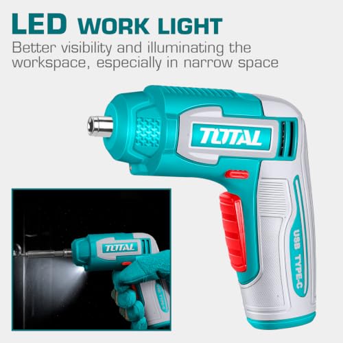 Image of TOTAL 4V Cordless Screwdriver, 4Nm Torque, 240RPM, 8 Cr-V Bits | Integrated LED Work Light, 1 /4 Inch Hex Shank, Type-C Charging, Bit Holder, Connector and Carrying Case