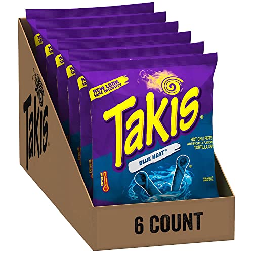 GroceriesRus American Snacks - Takis Blue Heat Rolled Tortilla Chips Hot Chili Pepper Artificially Flavored - 3.25oz (92.3g) Pack of 6