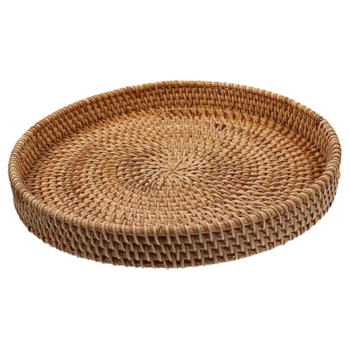 PAMINGONO Rundes Handgeflochtenes Rattan Tablett 30cm aus Weide Flacher Aufbewahrungskorb für Küche Couchtisch und Vorratskammer
