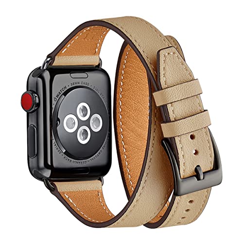 Bestig Band Compatible for Apple Watch 38mm 40mm, Genuine Leather Double Tour Designed Slim Replacement iwatch Strap for iWatch Series 7 6 SE 5 4 3 2 1 (Camel Band+Black Connector)