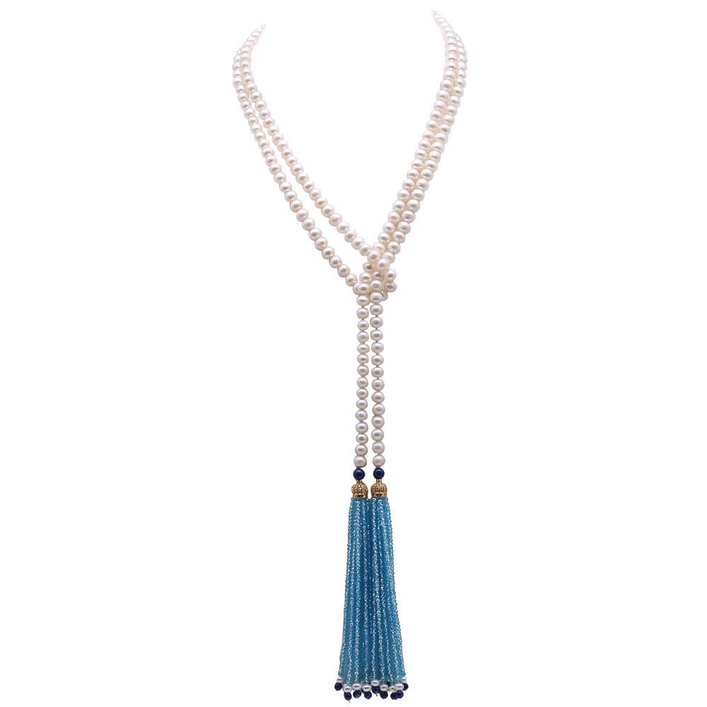 JYX Pearl Necklace 7-8mm Flatly Round White Cultured Freshwater Pearl Crystal Tassel Long Sweater Necklace 59"