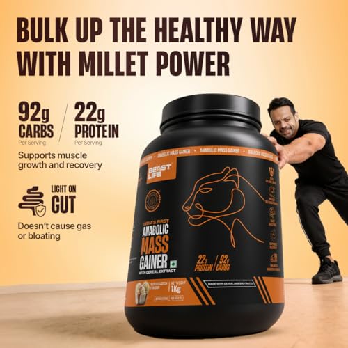 Image of BeastLife High Protein Mass /Weight Gainer | 1 KG | Butterscotch | NABL LAB Tested | For Muscle Gain & Fast Growth | Cereal-Based Formula, No Maltodextrin | India's #1 Cereal Based Bulk Gainer