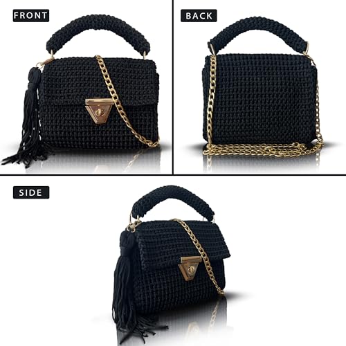 Handmade Black Crochet Shoulder Bag for Women | Gold Chain & Top Handle | Boho Knitted Purse | Elegant Evening & Casual Crossbody by CHQEL - Used condition - Image 2
