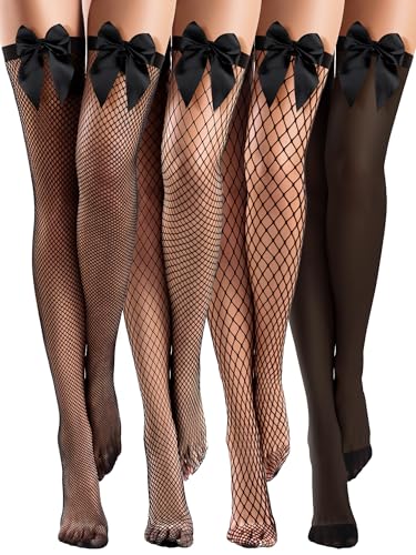 4 Pairs Fishnet Thigh High Stocking for Women Silicone Lace Top Sheer Silky over Knee High Stocking with Bows